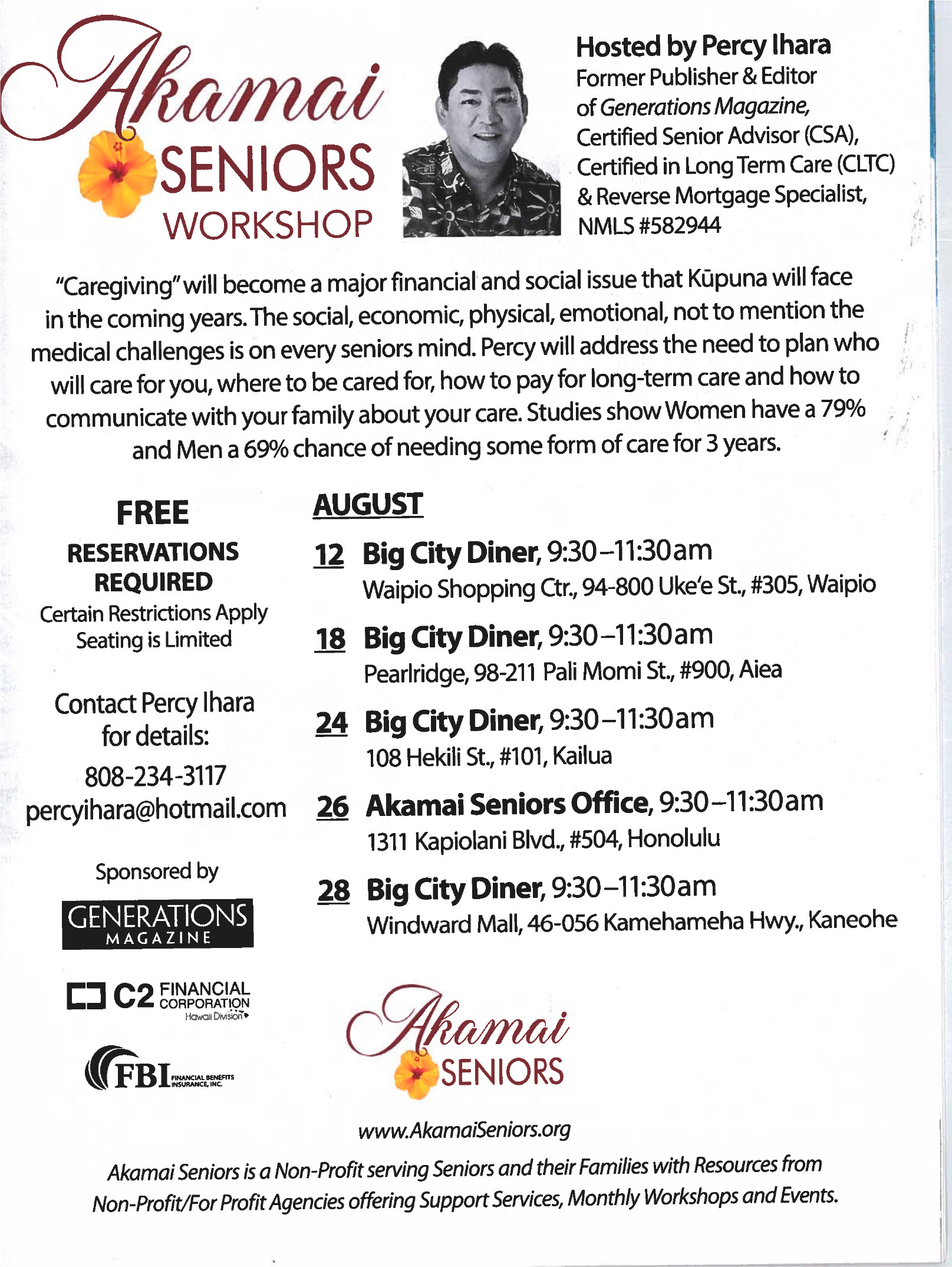 Akamai Seniors Caregiving Workshop, five August dates across Oahu, hosted by Percy Ihara