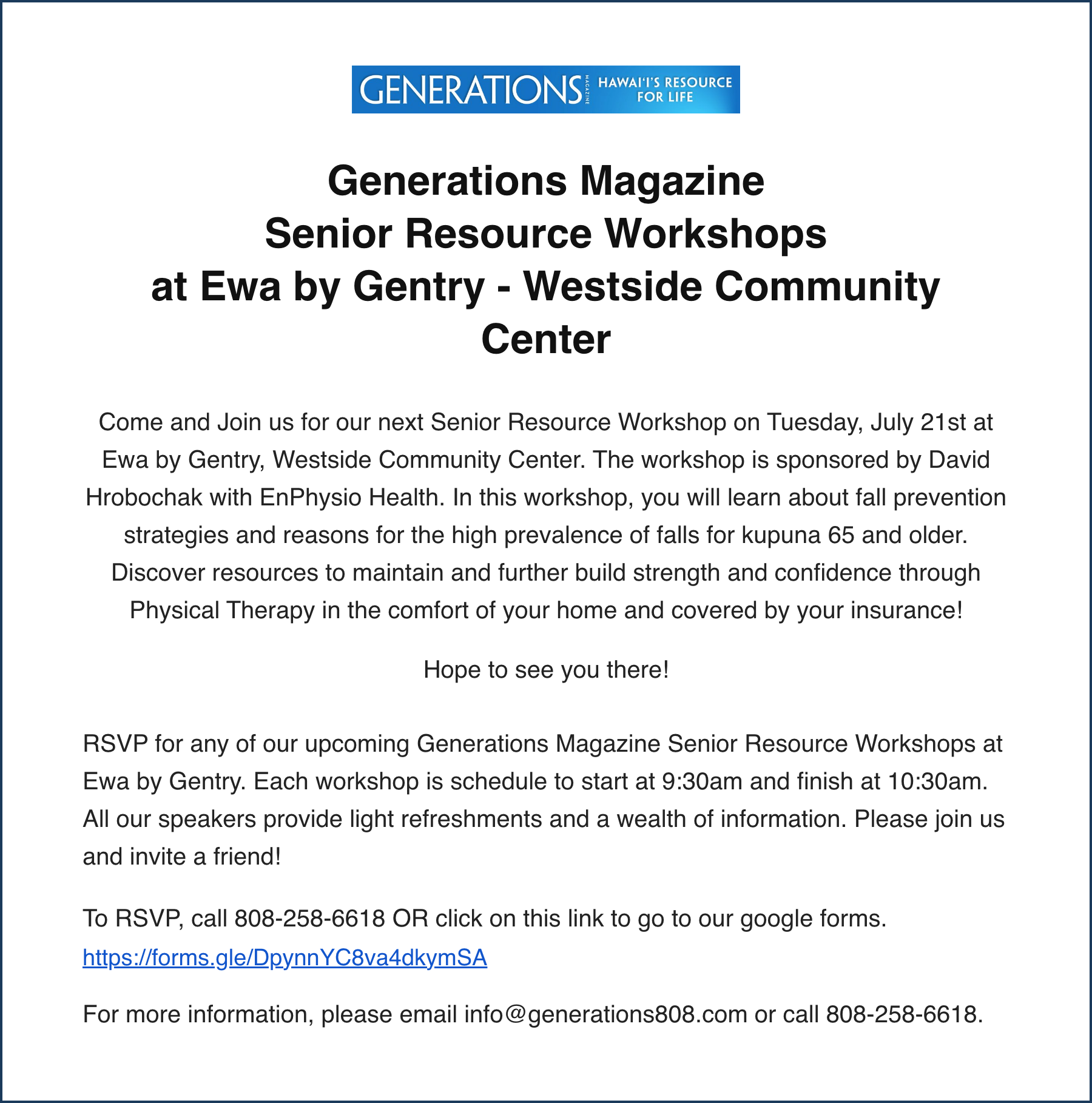 Senior Resource Workshops at Ewa by Gentry, Westside Community Center